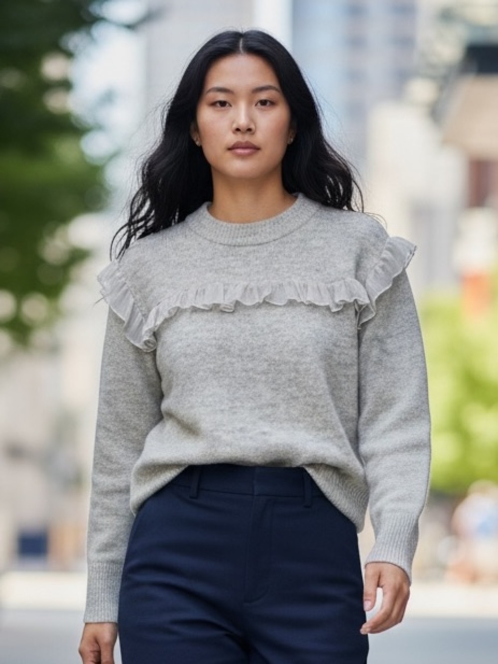 Ruffle-Yoke Crewneck Sweater in Light Gray